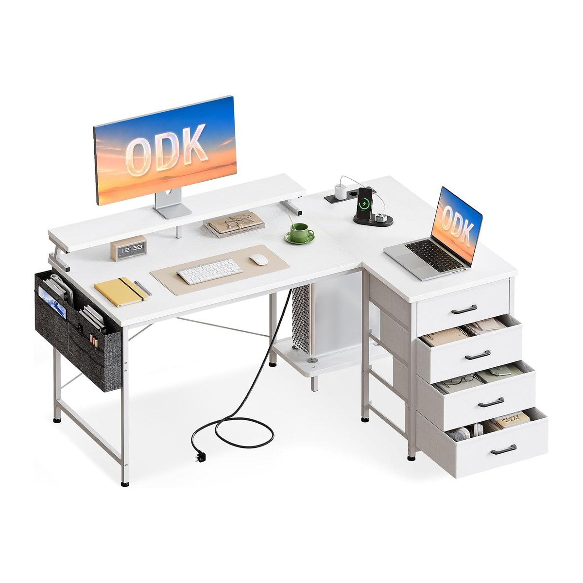 Bureau d'angle en L 140 × 80 cm, 4 tiroirs, prises et USB, blanc